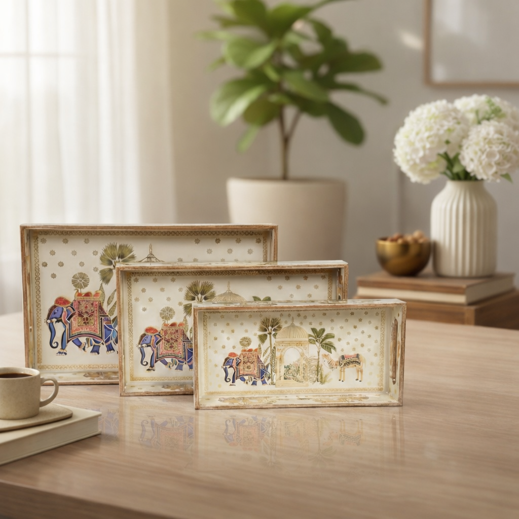 Set of 3 Wooden Elephant Serving Trays with Gold Engraving