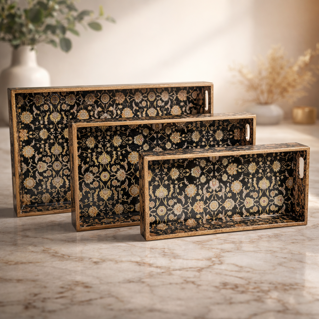 Set of 3 Wooden Serving Trays with Gold Engraving