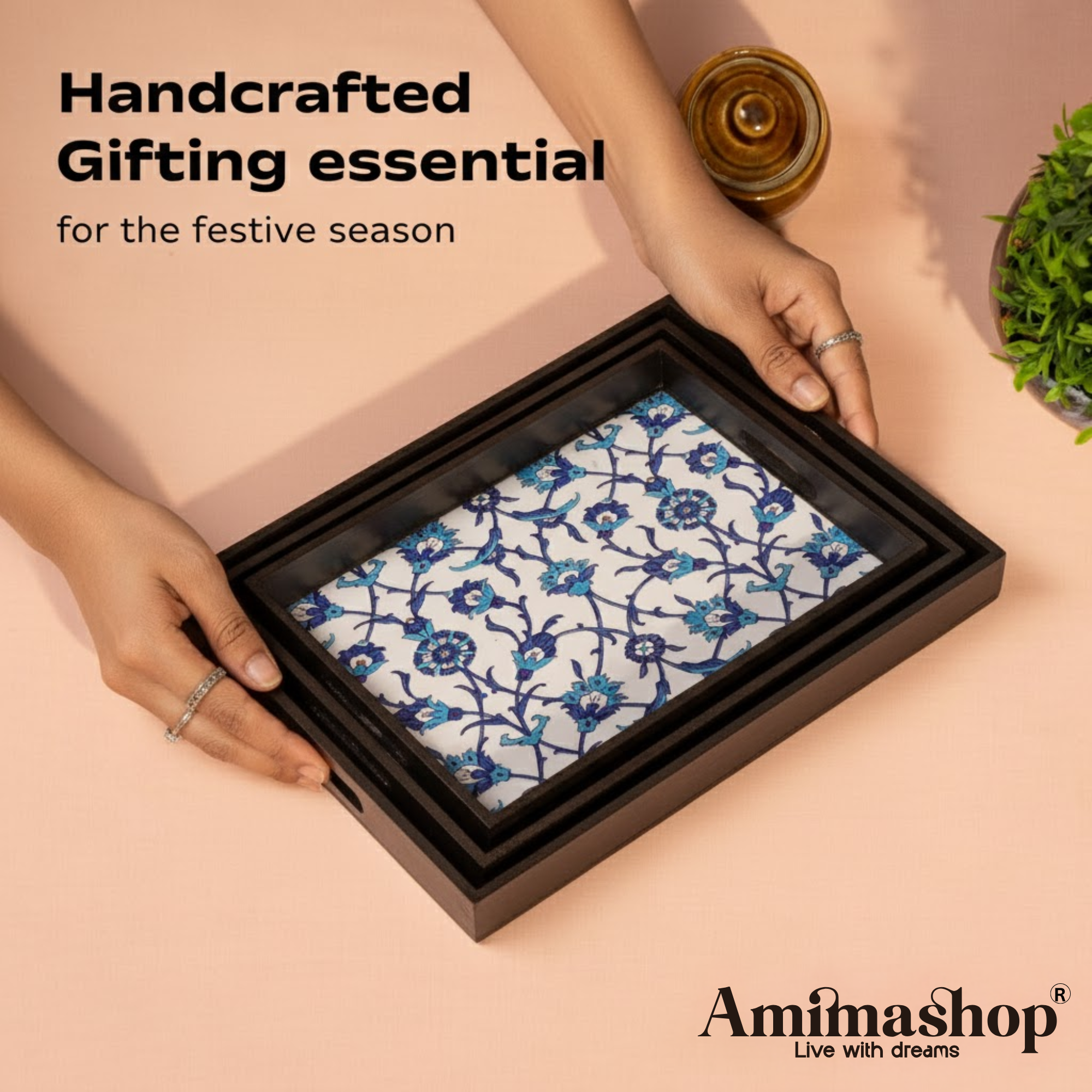 Wooden Tray Set of 3 – Large, Medium & Small Sizes|Handcrafted Wooden Tray Set for Gift & Serving