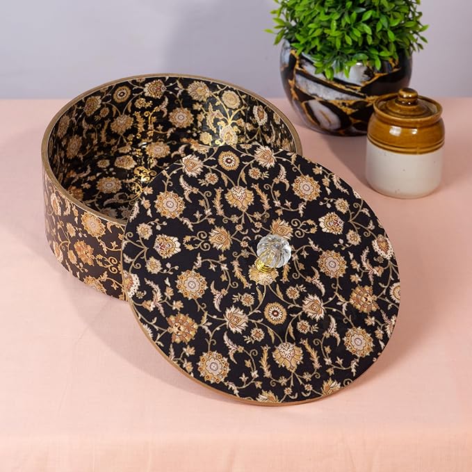 Wooden Casserole 2 Litre | Handcrafted Wooden Serving Bowl with Lid | Black Gold Design Hot Pot for Kitchen & Dining (Size 9x9x4 Inches)