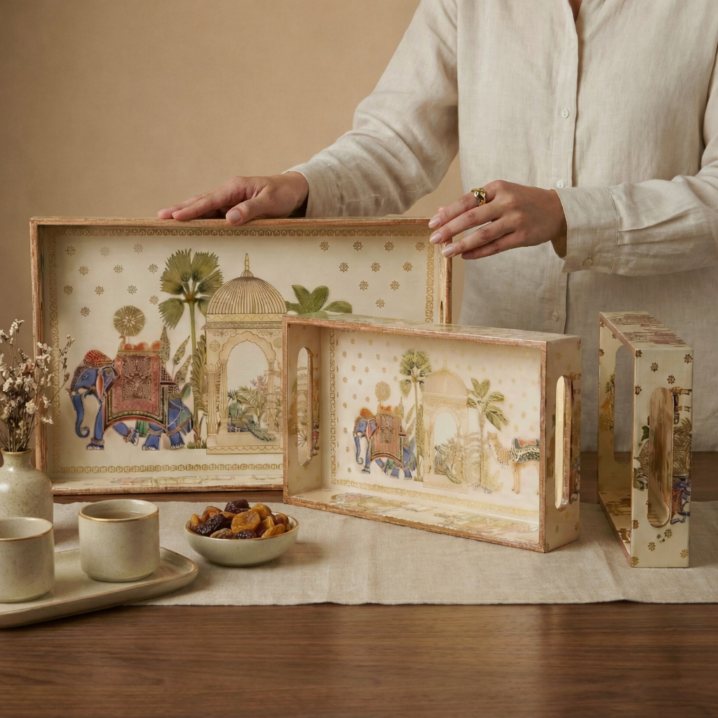 Set of 3 Wooden Elephant Serving Trays with Gold Engraving