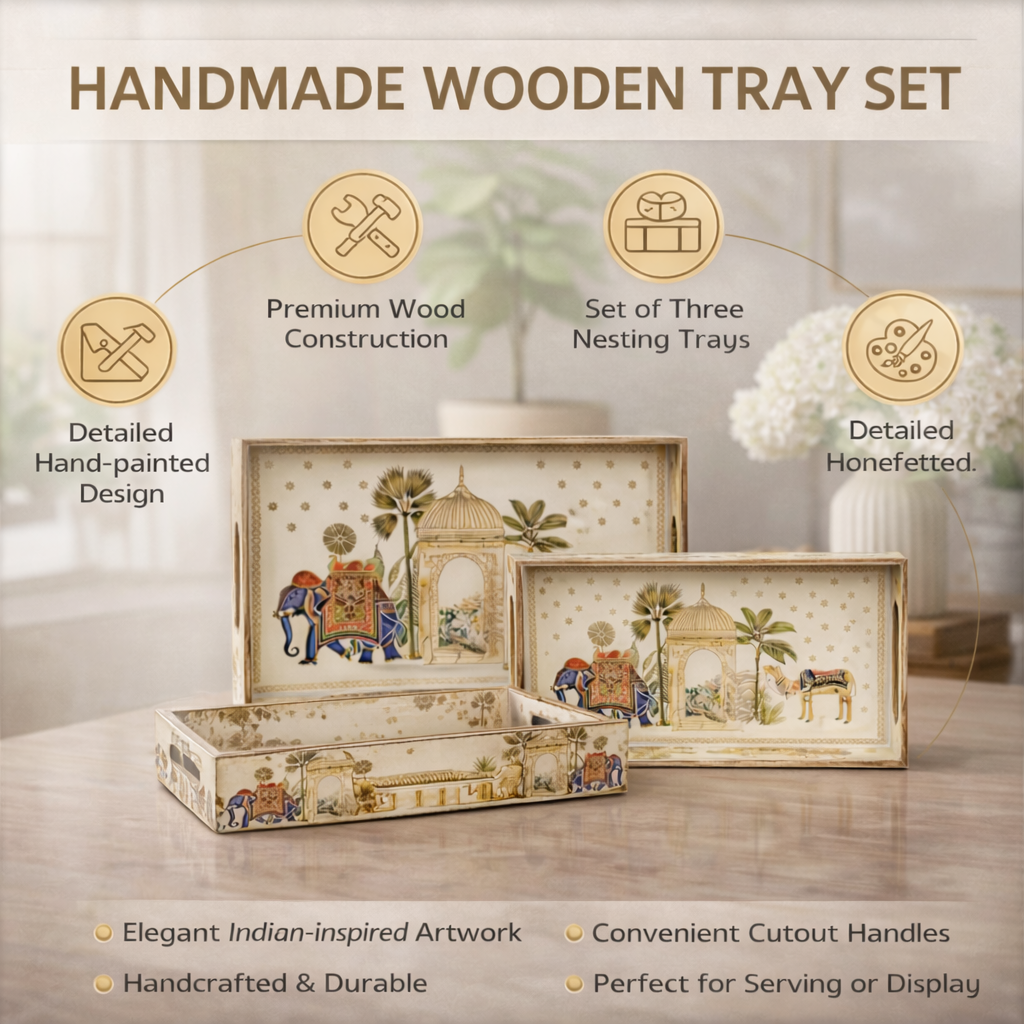 Set of 3 Wooden Elephant Serving Trays with Gold Engraving