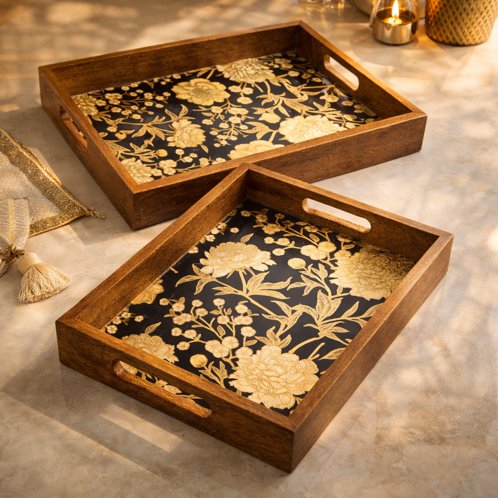 Serving Tray Set 2 | Wooden Tray Set |Wooden Tray Decoration| Enamel Coated Waterproof |Size : 14 x 8 inch & 12 x 6 inch (Set of 2)