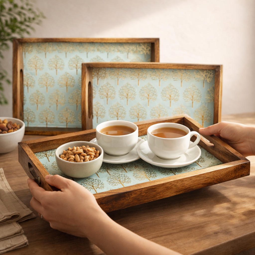Wooden Serving Tray with Gold Engraving | Rectangle Trays Set of 3 | Serving Trays | Wooden Tray | Enamel Coated Waterproof |Size : 16 x 10 inch, 14 x 8 inch & 12 x 6 inch