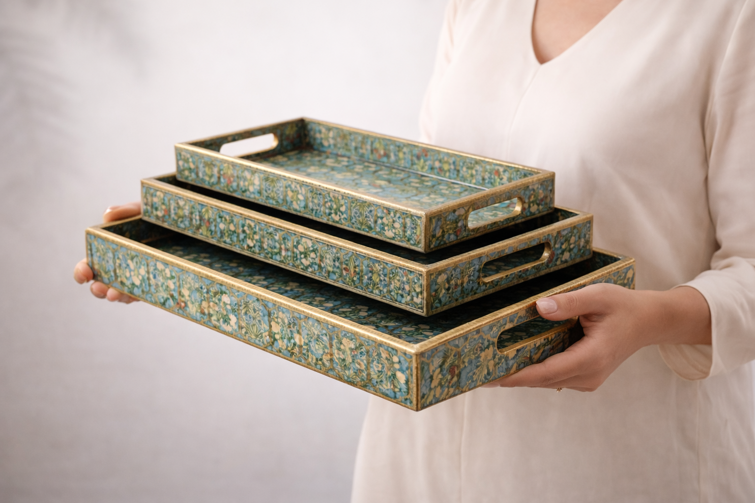 Set of 3 Rectangular Wooden Serving Trays - 12", 14", 16" Rustic Wood Cheese Board and Appetizer Platters