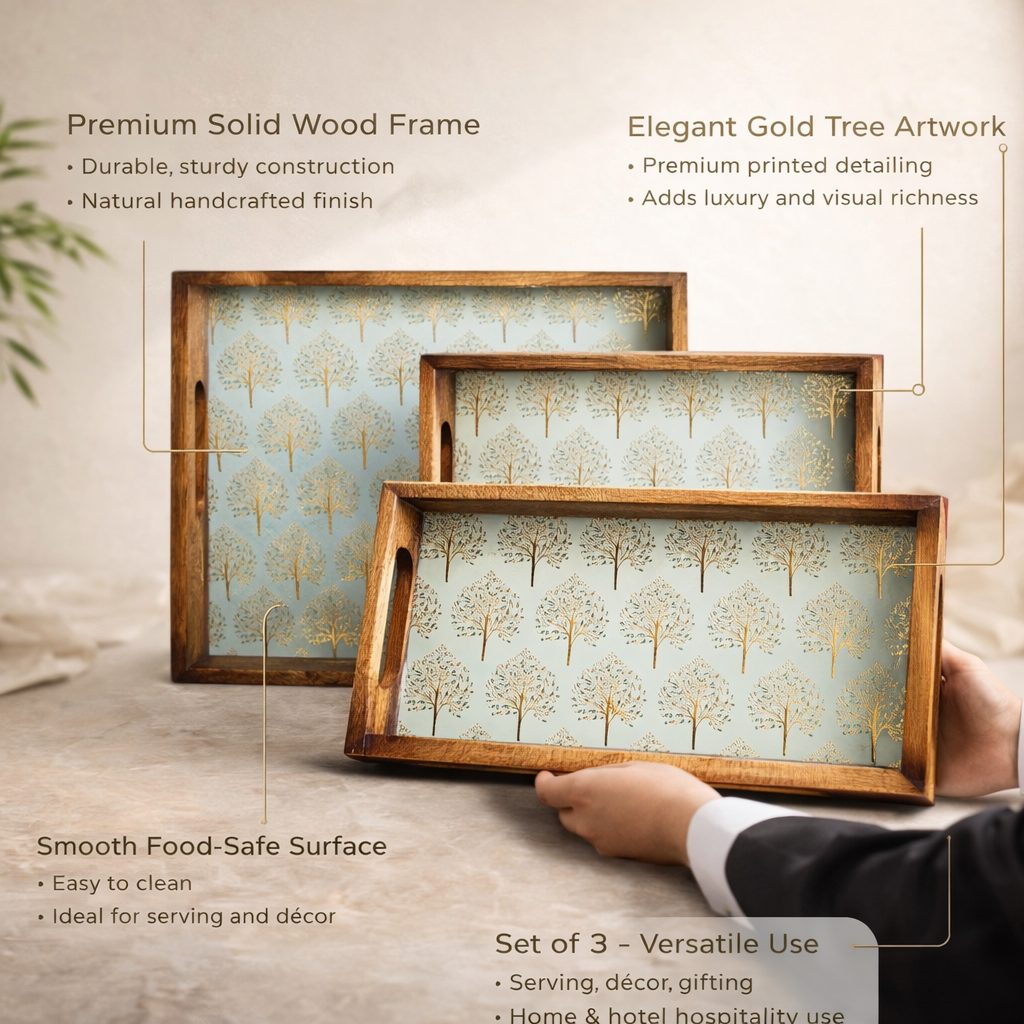 Wooden Serving Tray with Gold Engraving | Rectangle Trays Set of 3 | Serving Trays | Wooden Tray | Enamel Coated Waterproof |Size : 16 x 10 inch, 14 x 8 inch & 12 x 6 inch