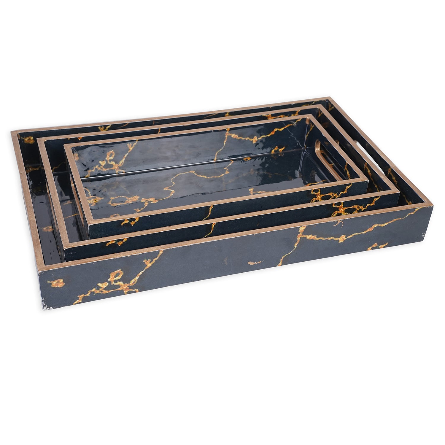 Amimashop Set of 3 Wooden Serving Trays with Gold Engraving – Elegant & Functional Kitchen & Home Decor (16″, 14″, 12″) – Black