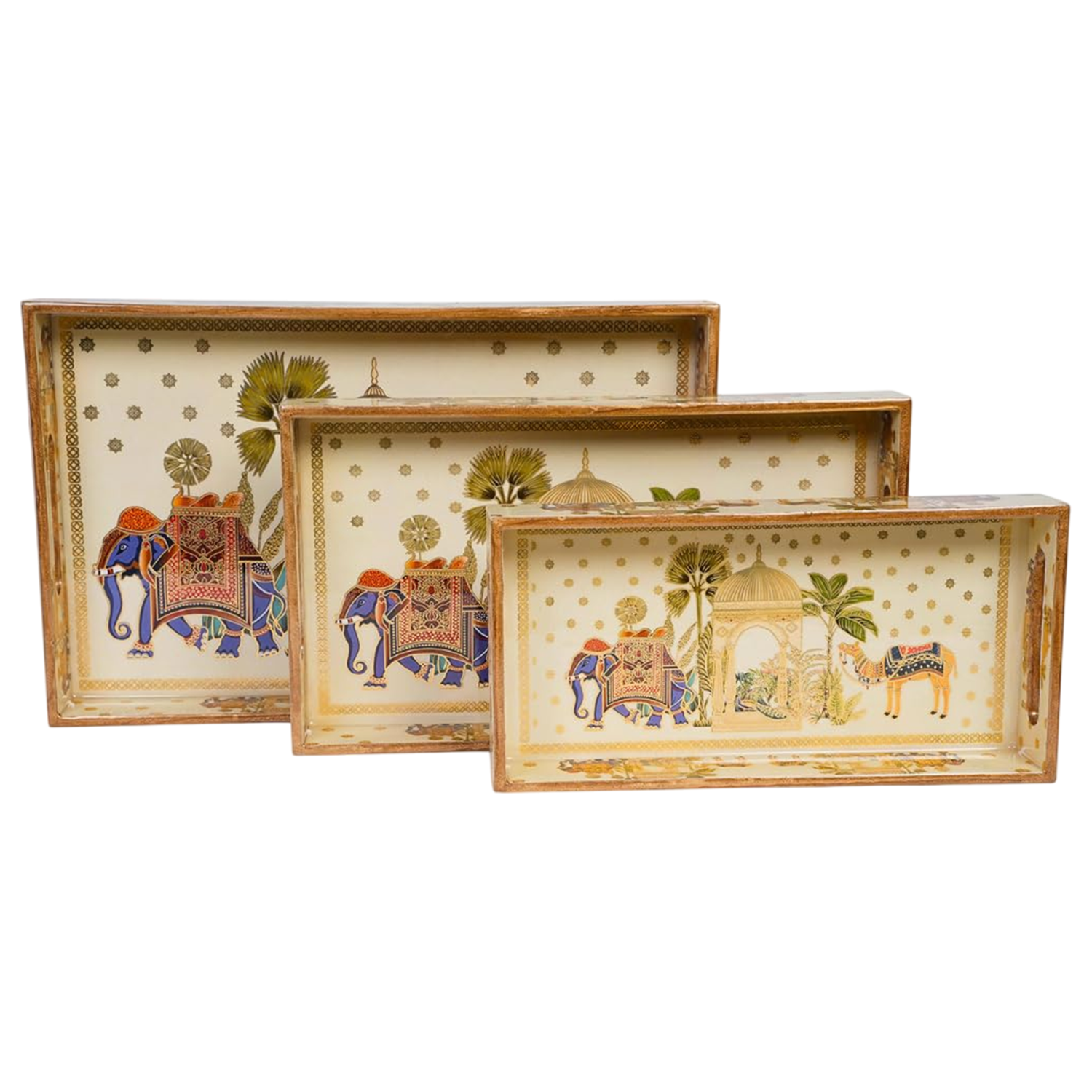 Set of 3 Wooden Elephant Serving Trays with Gold Engraving