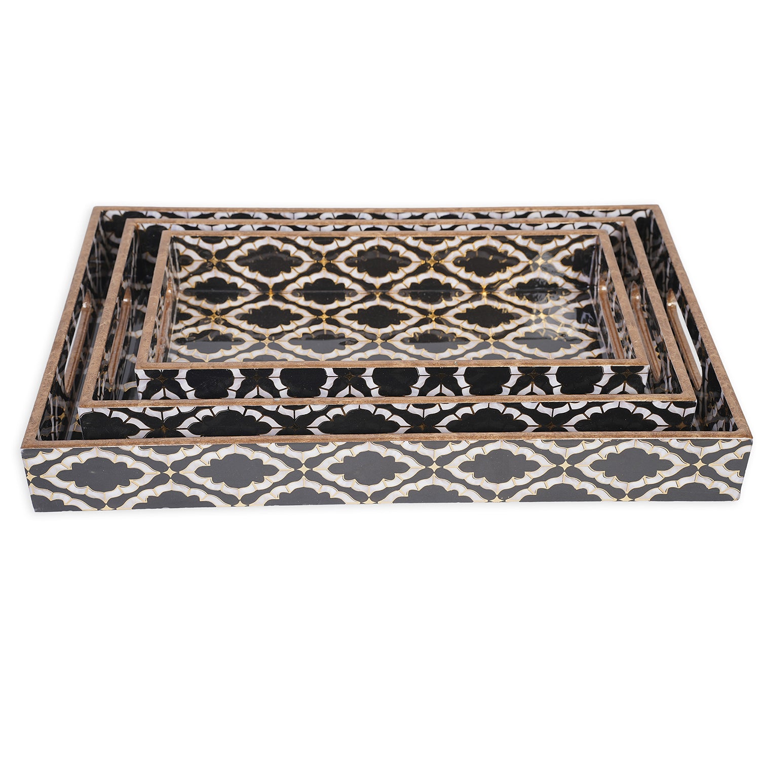 Set of 3 Wooden Serving Trays with Gold Engraving – Elegant Home Decor & Organizer (16″, 14″, 12″) – Black & White