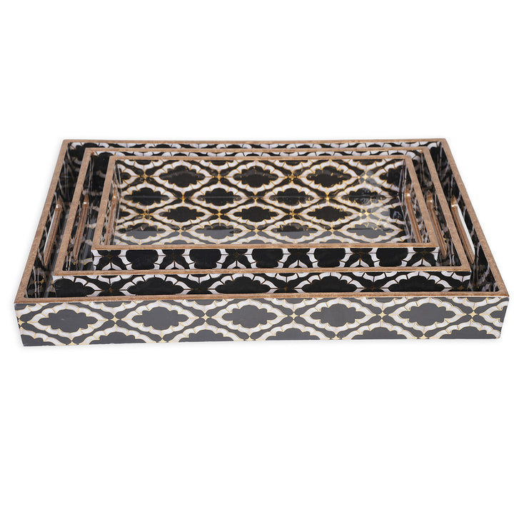 Amimashop Set of 3 Wooden Serving Trays with Gold Engraving – Elegant Home Decor & Organizer (16″, 14″, 12″) – Black & White