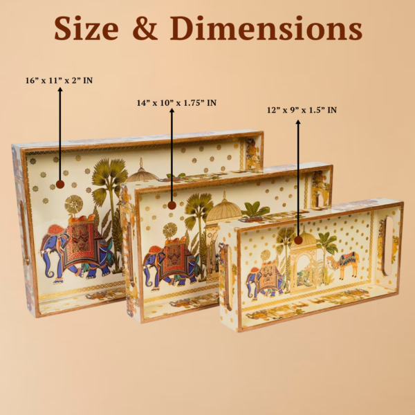 Set of 3 Wooden Elephant Serving Trays with Gold Engraving