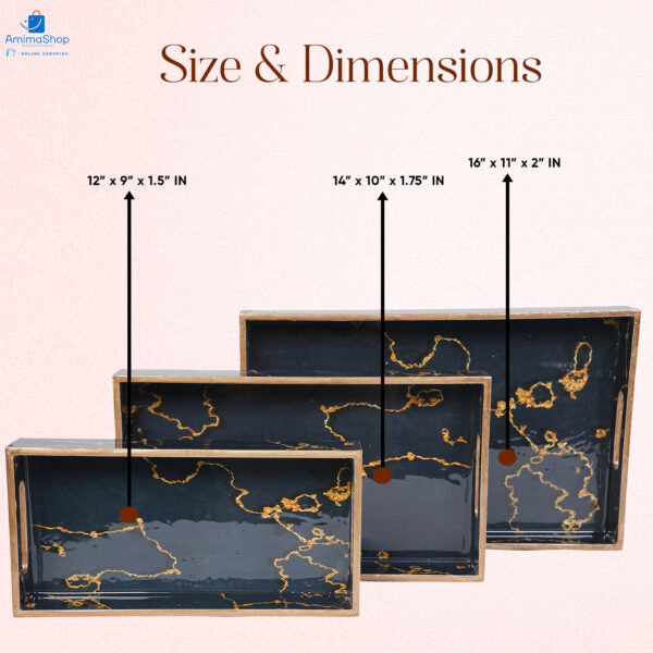 Amimashop Set of 3 Wooden Serving Trays with Gold Engraving – Elegant & Functional Kitchen & Home Decor (16″, 14″, 12″) – Black