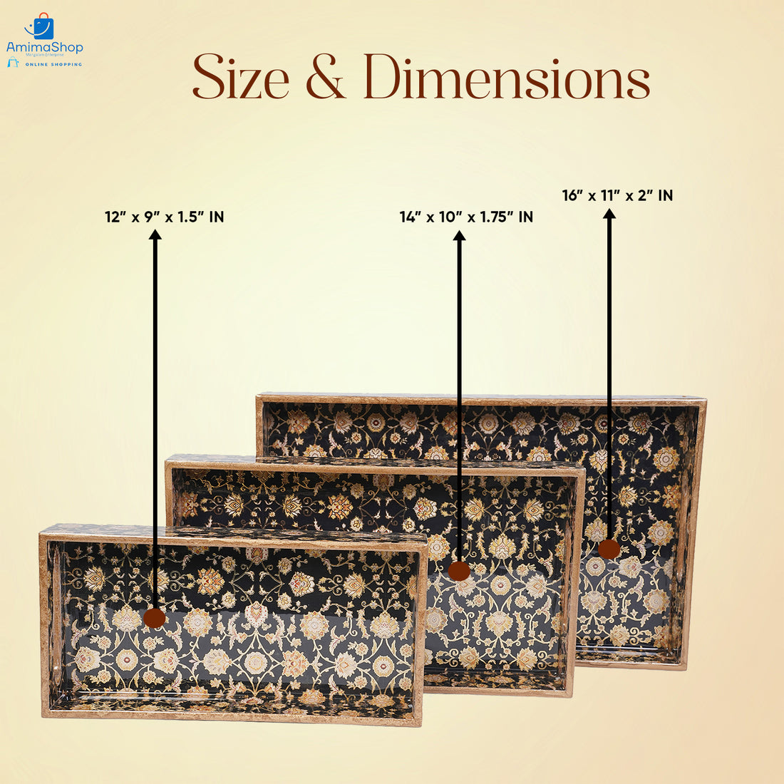 Amimashop Set of 3 Wooden Serving Trays with Gold Engraving