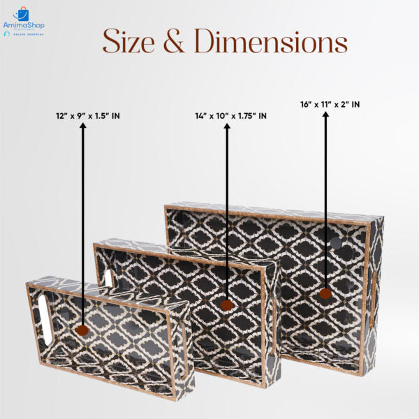 Set of 3 Wooden Serving Trays with Gold Engraving – Elegant Home Decor & Organizer (16″, 14″, 12″) – Black & White