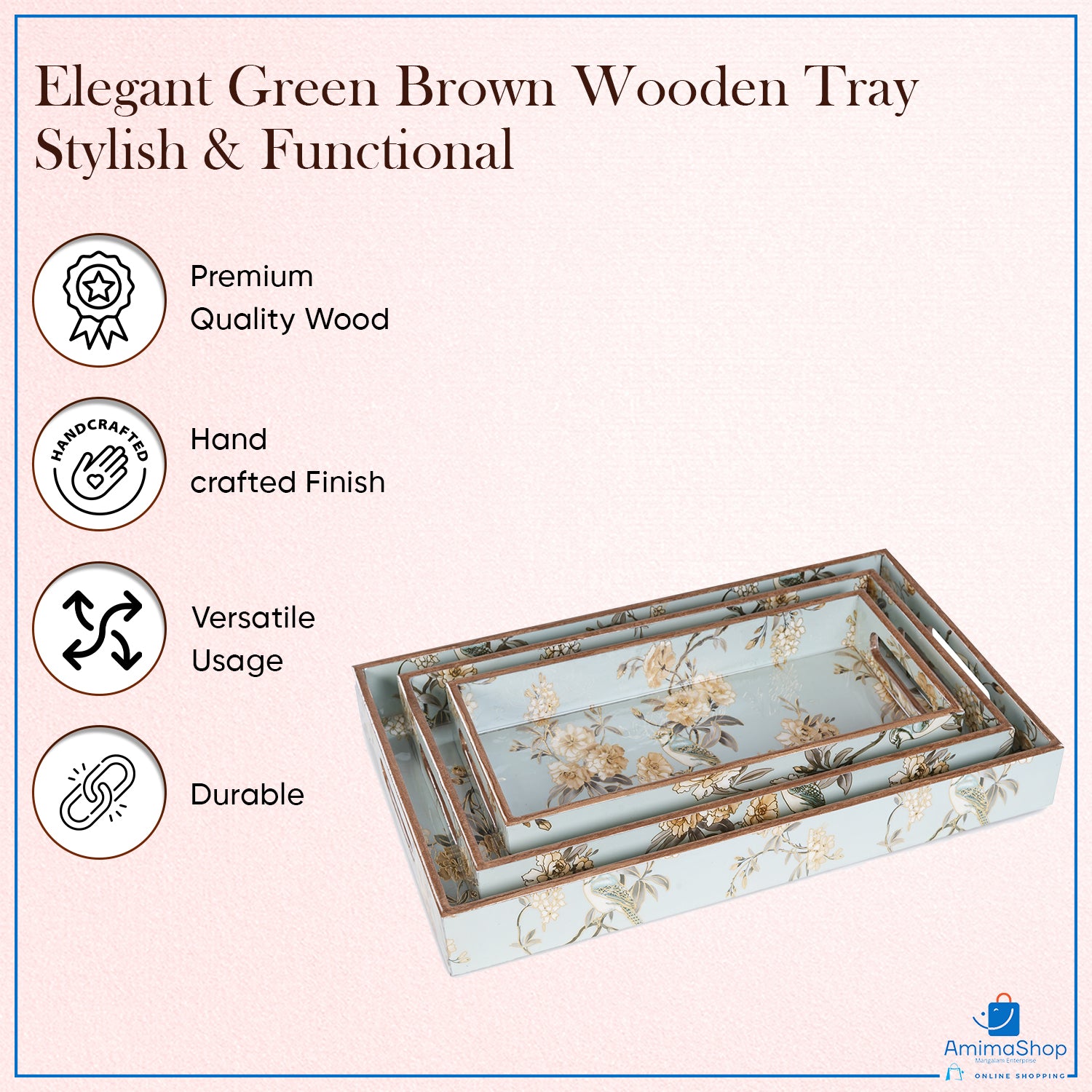 Set of 3 Wooden Serving Trays with Gold Engraving – Blue Elephant Design