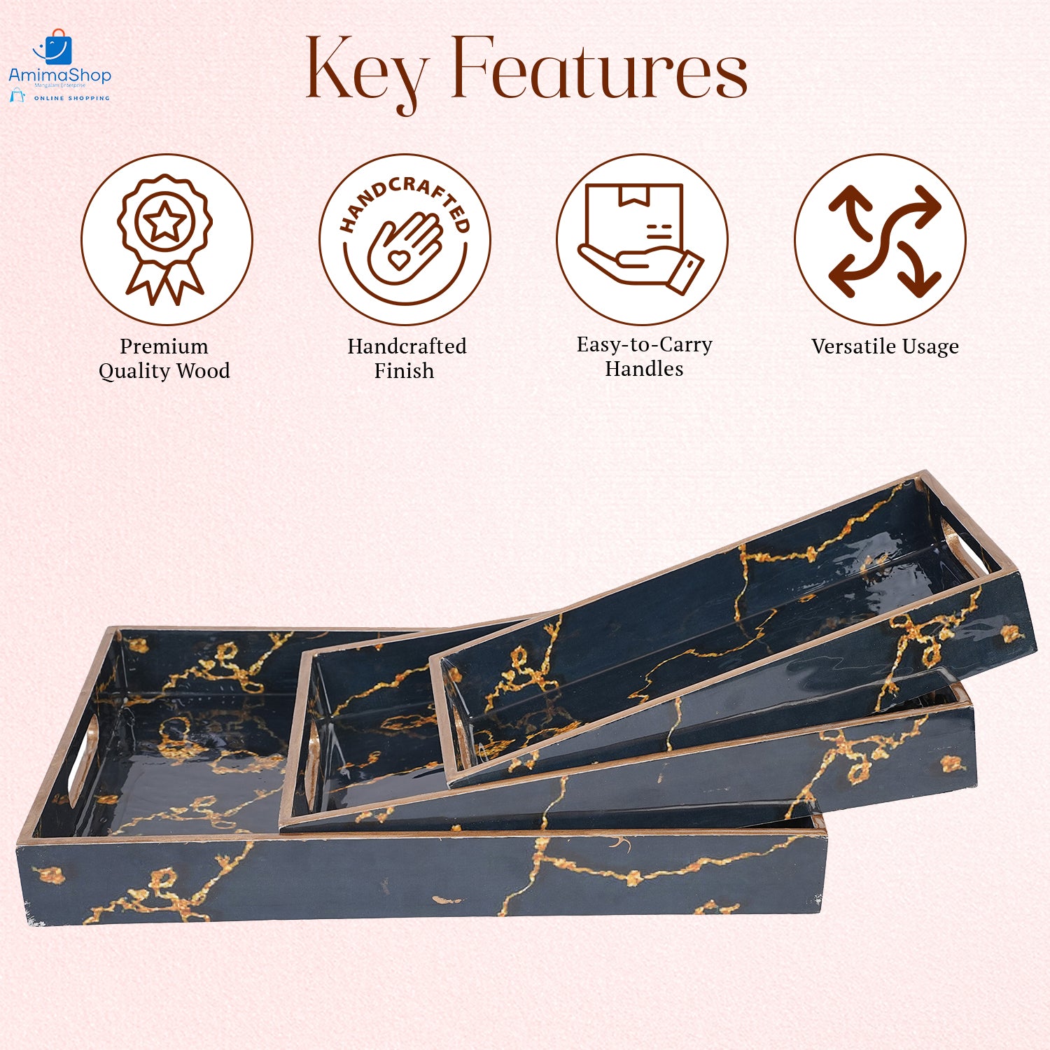 Amimashop Set of 3 Wooden Serving Trays with Gold Engraving – Elegant & Functional Kitchen & Home Decor (16″, 14″, 12″) – Black