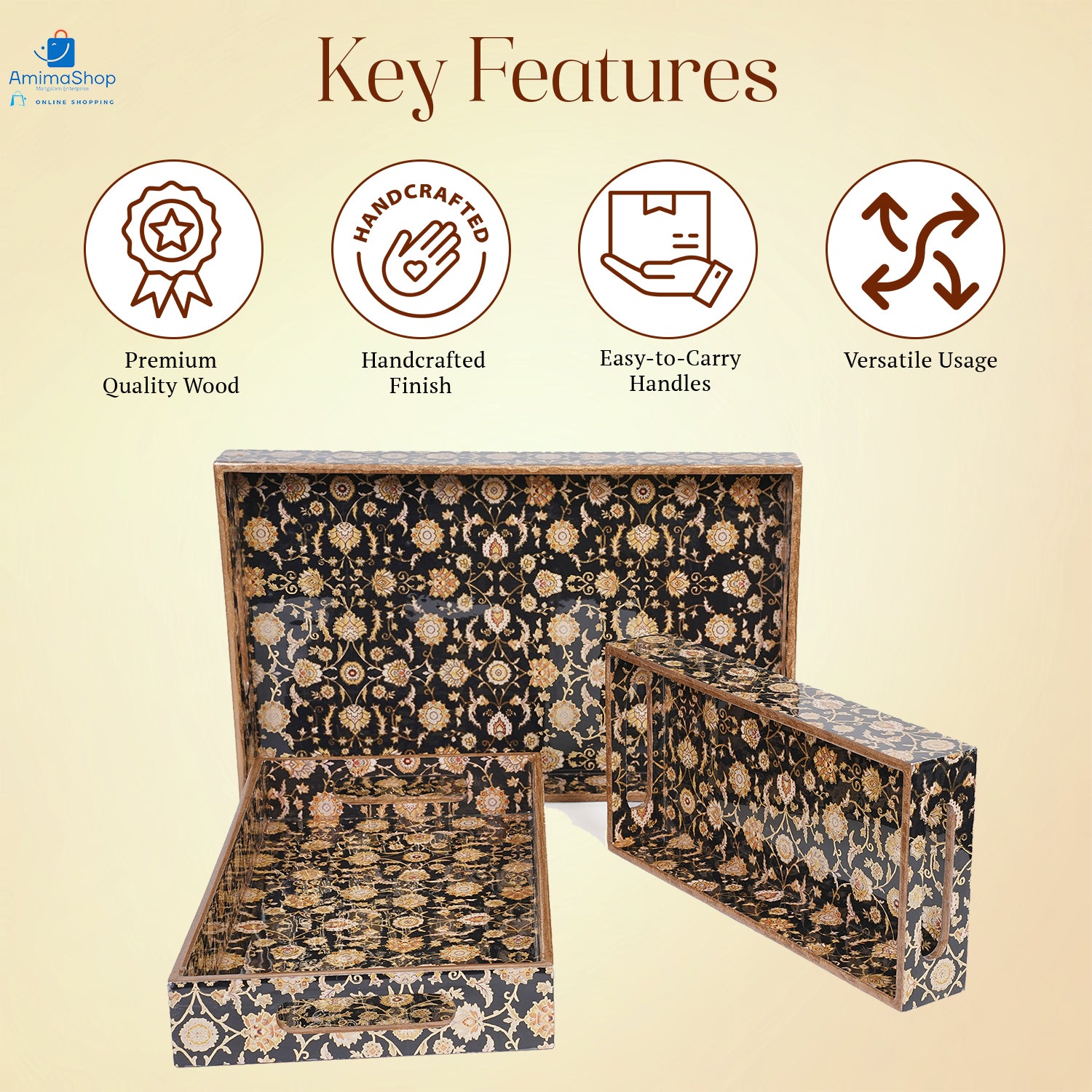 Set of 3 Wooden Serving Trays with Gold Engraving