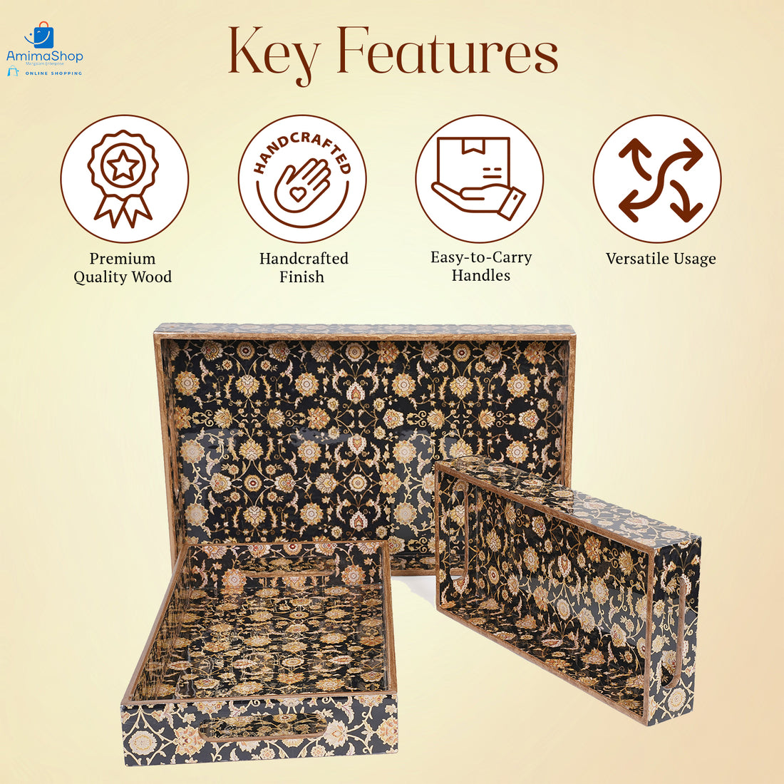 Amimashop Set of 3 Wooden Serving Trays with Gold Engraving