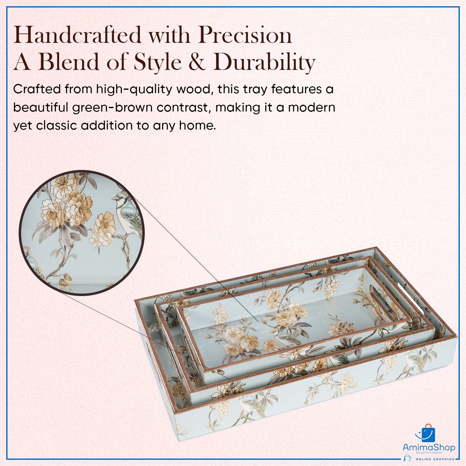 Set of 3 Wooden Serving Trays with Gold Engraving – Blue Elephant Design