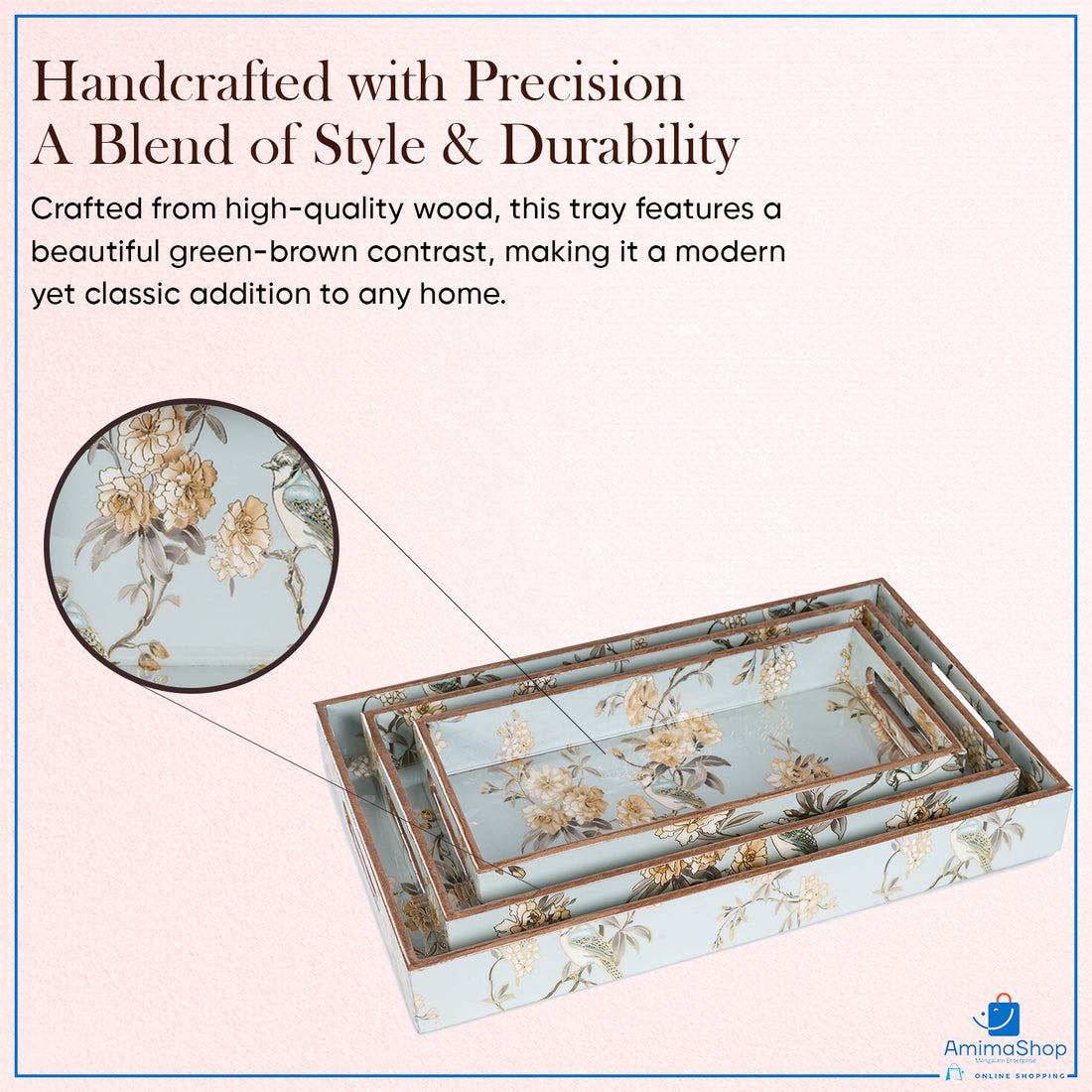 Amimashop Set of 3 Wooden Serving Trays with Gold Engraving – Blue Elephant Design