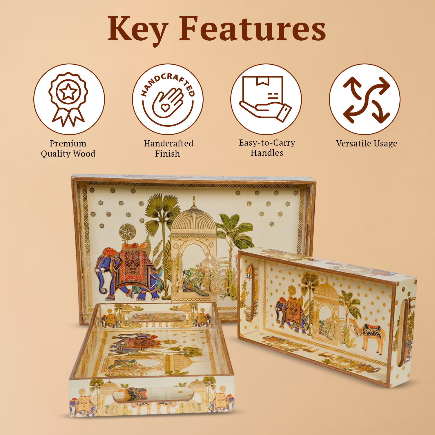 Set of 3 Wooden Elephant Serving Trays with Gold Engraving