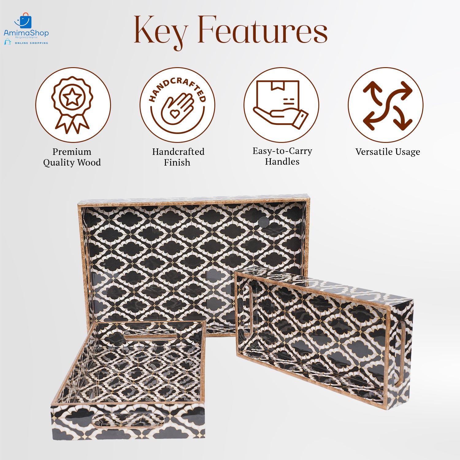 Set of 3 Wooden Serving Trays with Gold Engraving – Elegant Home Decor & Organizer (16″, 14″, 12″) – Black & White