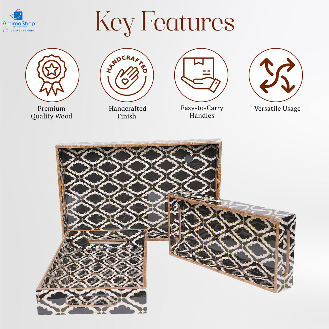 Amimashop Set of 3 Wooden Serving Trays with Gold Engraving – Elegant Home Decor & Organizer (16″, 14″, 12″) – Black & White