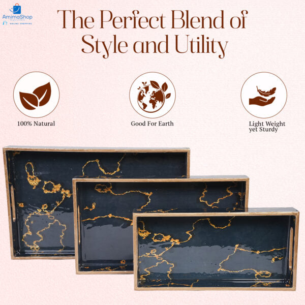 Amimashop Set of 3 Wooden Serving Trays with Gold Engraving – Elegant & Functional Kitchen & Home Decor (16″, 14″, 12″) – Black