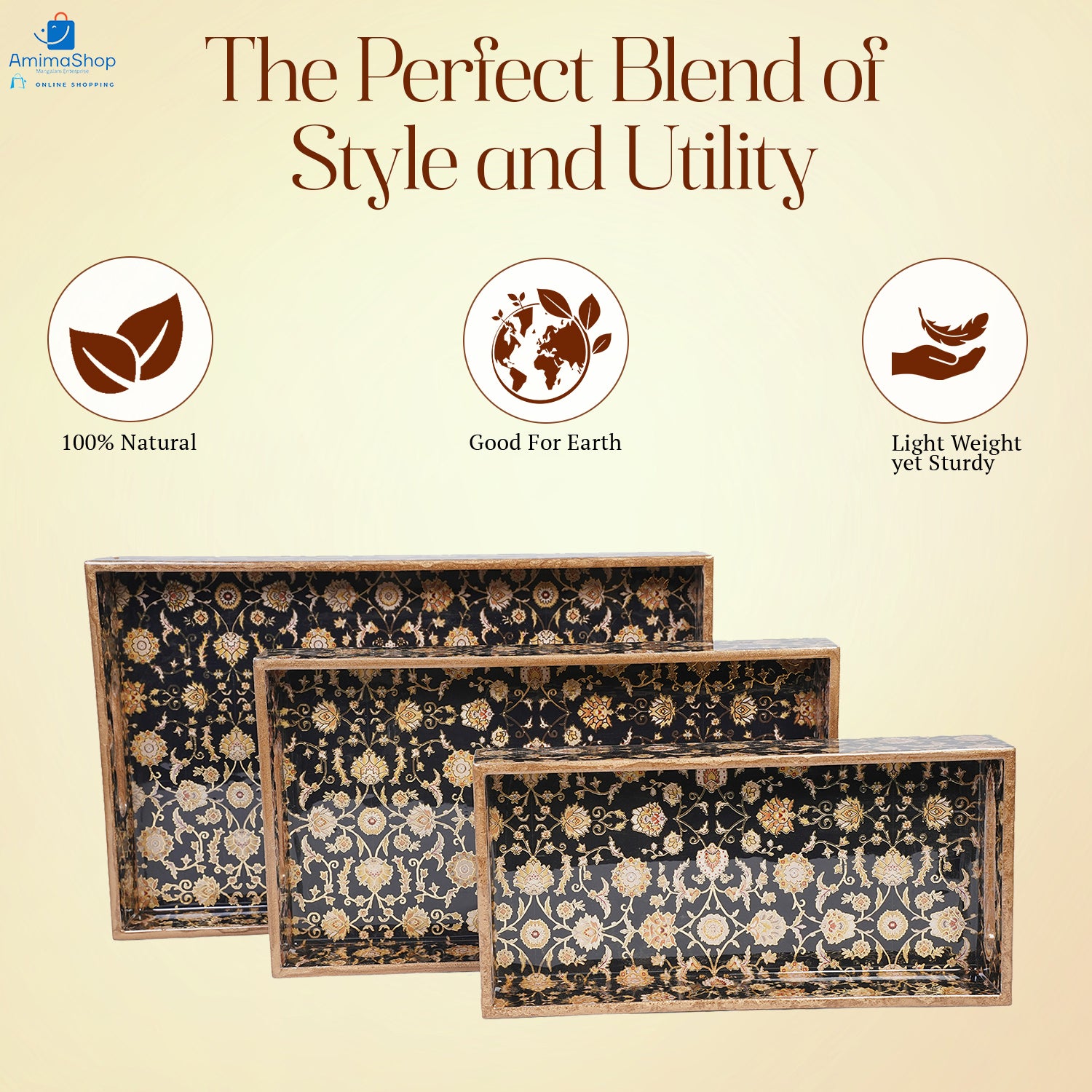 Set of 3 Wooden Serving Trays with Gold Engraving