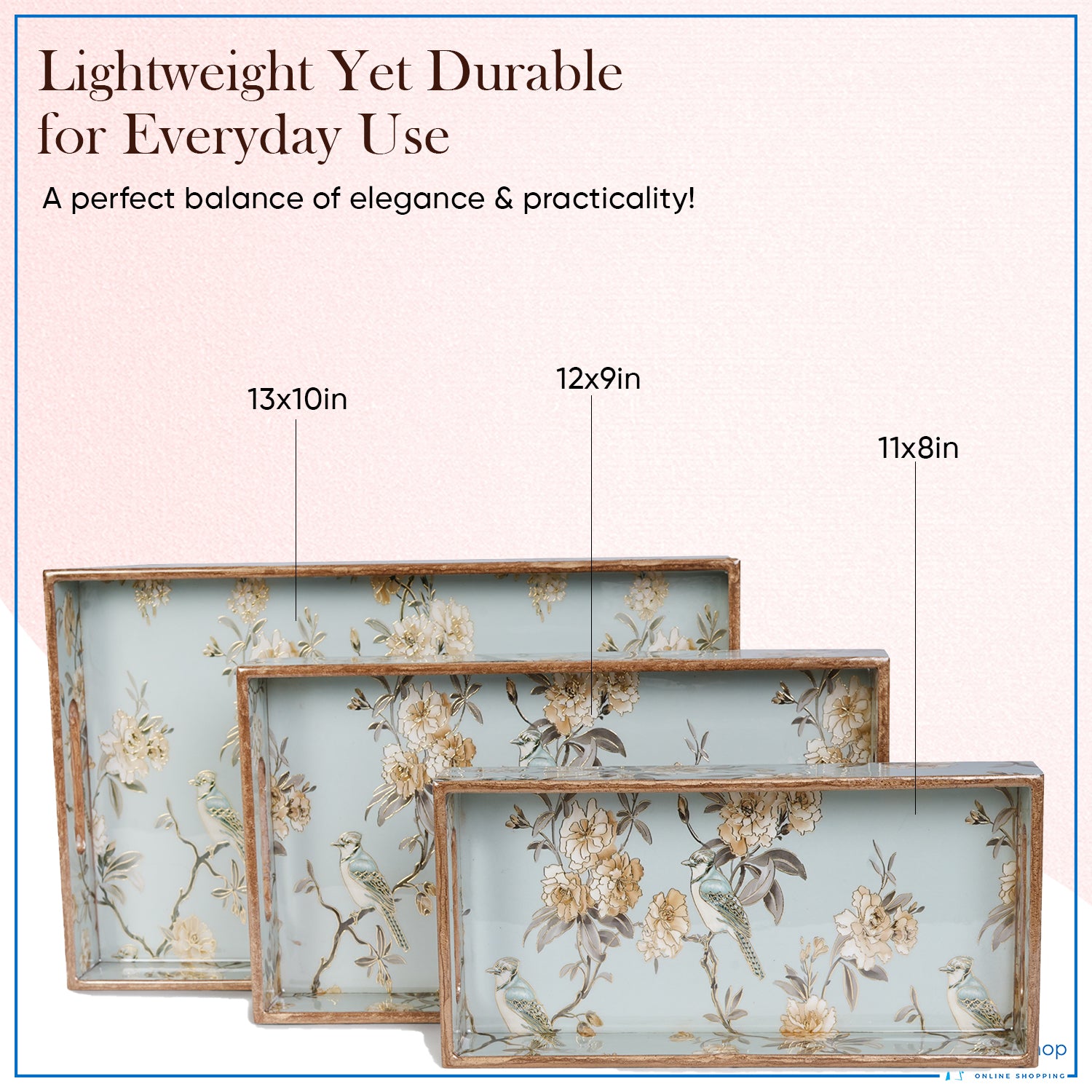 Set of 3 Wooden Serving Trays with Gold Engraving – Blue Elephant Design