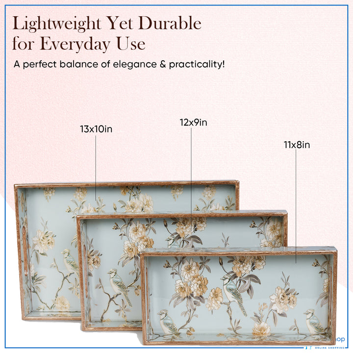 Amimashop Set of 3 Wooden Serving Trays with Gold Engraving – Blue Elephant Design