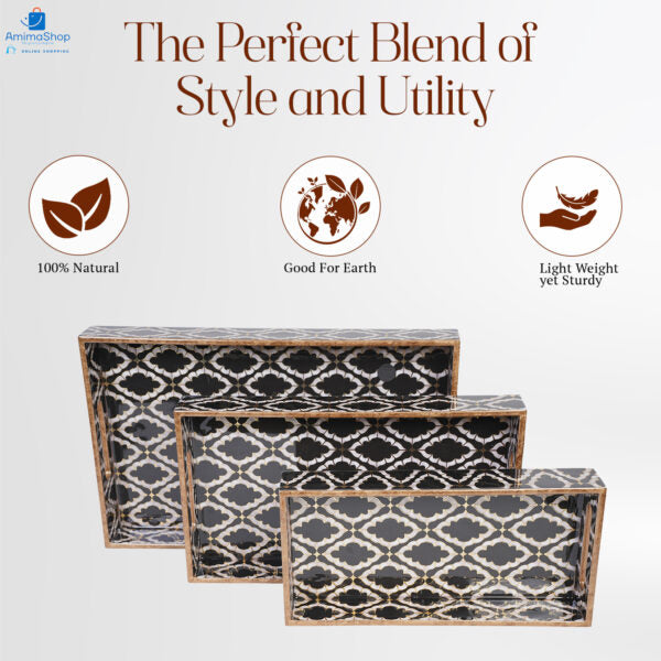 Set of 3 Wooden Serving Trays with Gold Engraving – Elegant Home Decor & Organizer (16″, 14″, 12″) – Black & White