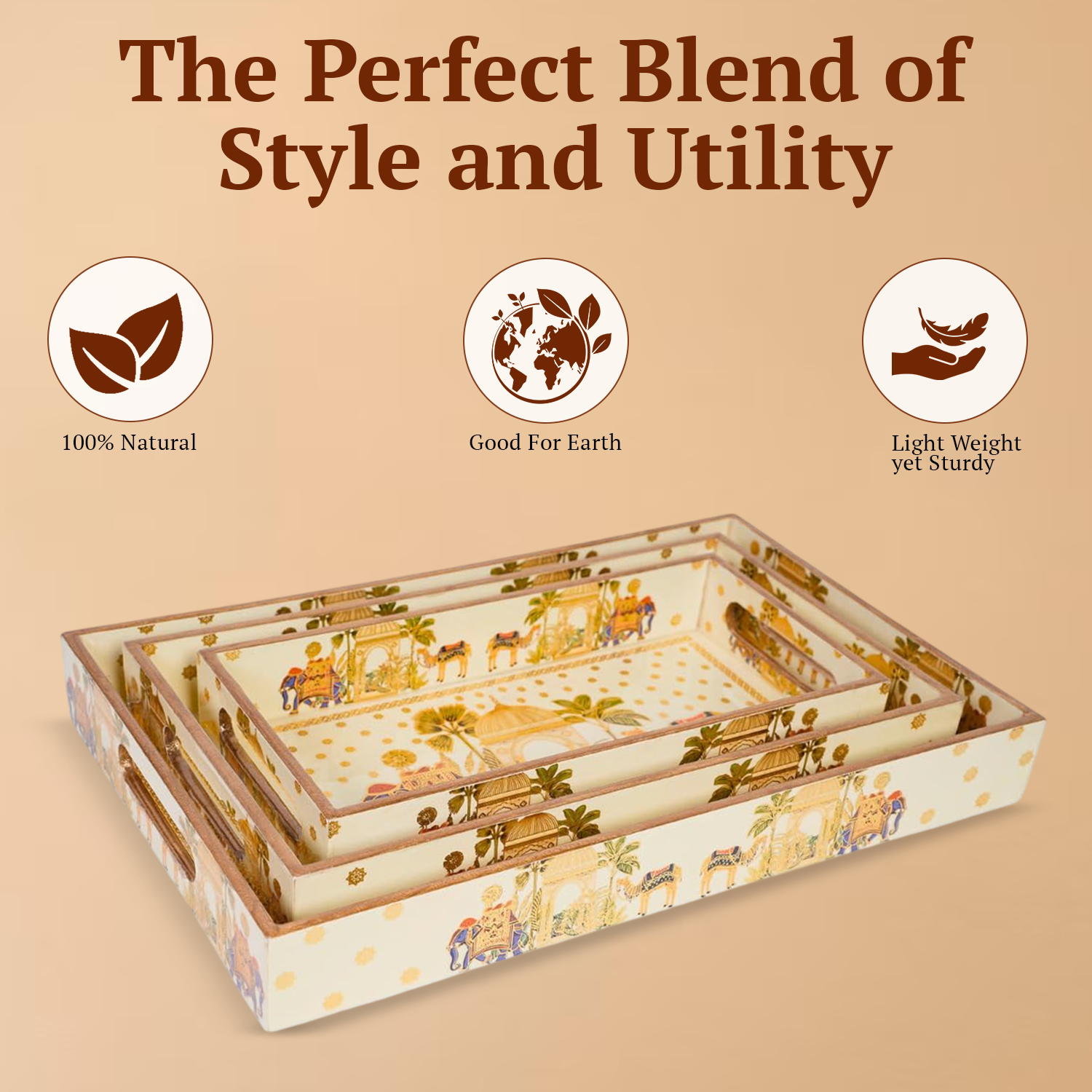 Set of 3 Wooden Elephant Serving Trays with Gold Engraving