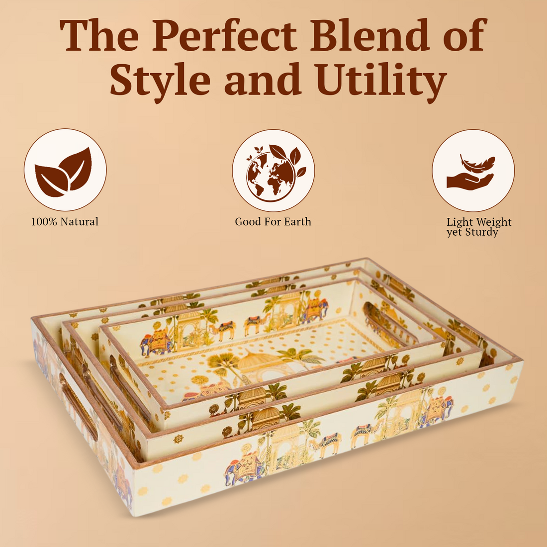 Amimashop Set of 3 Wooden Elephant Serving Trays with Gold Engraving