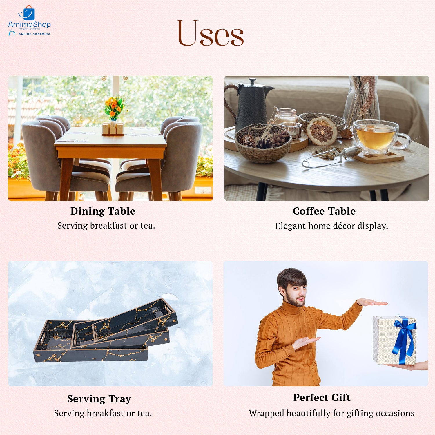 Amimashop Set of 3 Wooden Serving Trays with Gold Engraving – Elegant & Functional Kitchen & Home Decor (16″, 14″, 12″) – Black