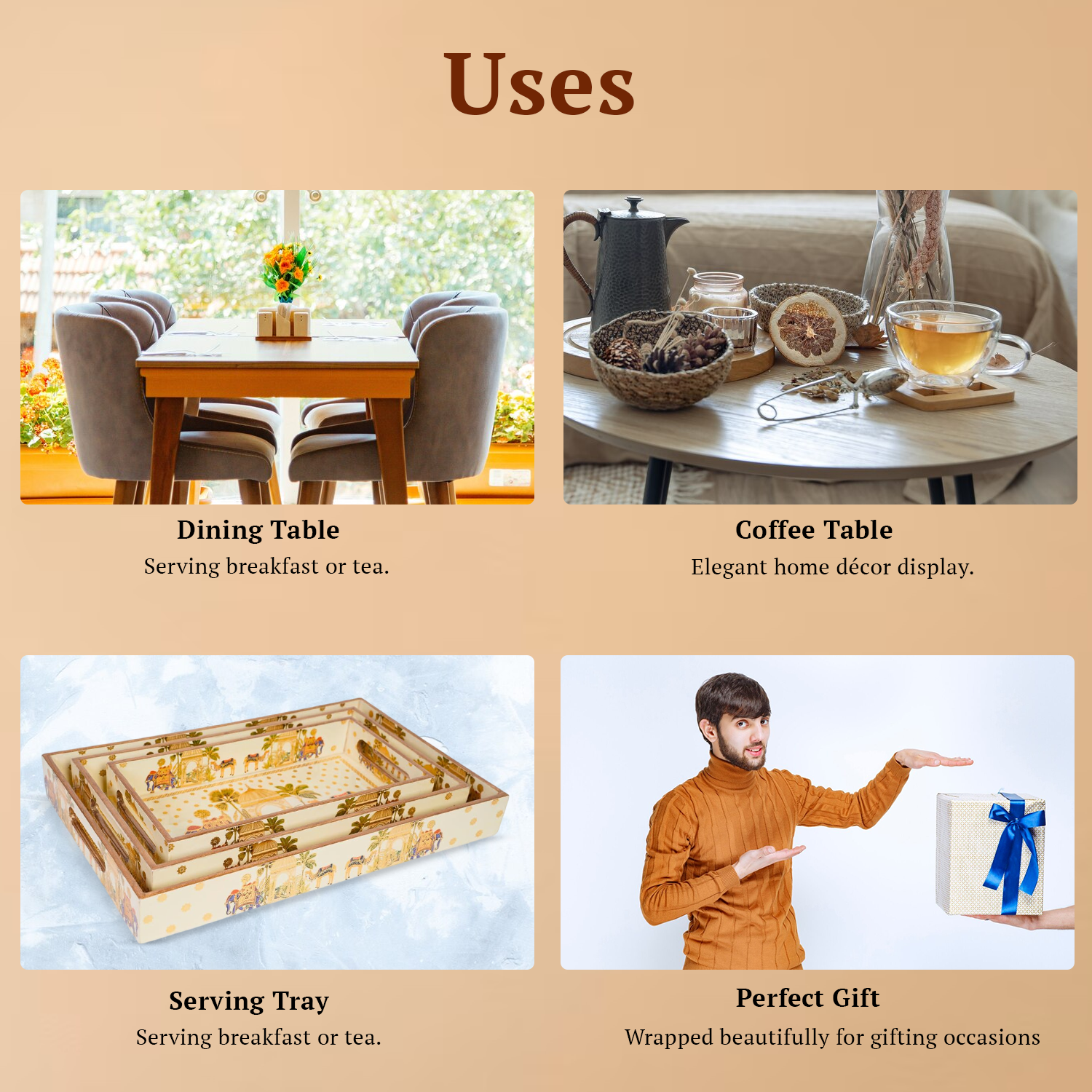 Set of 3 Wooden Elephant Serving Trays with Gold Engraving