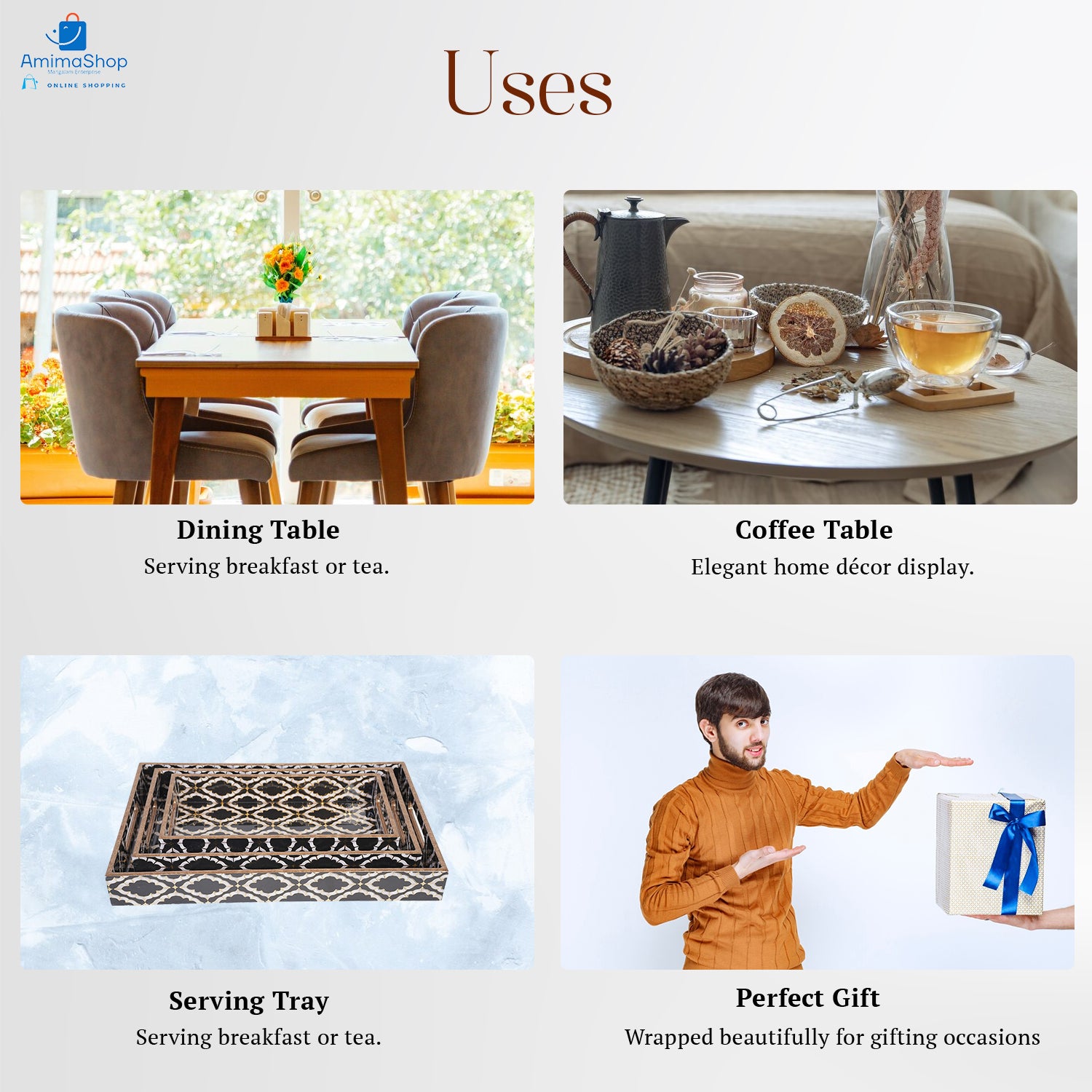 Set of 3 Wooden Serving Trays with Gold Engraving – Elegant Home Decor & Organizer (16″, 14″, 12″) – Black & White