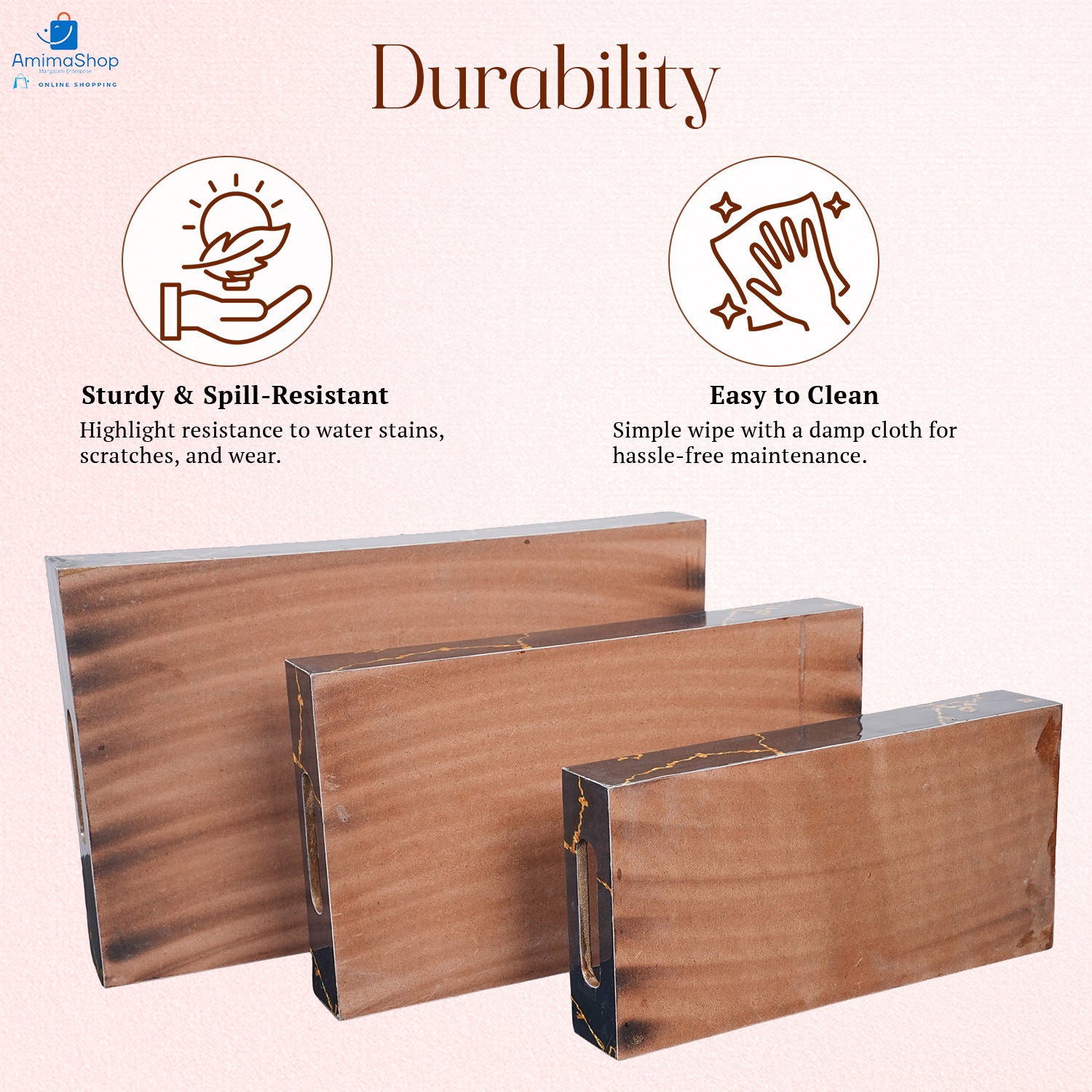 Amimashop Set of 3 Wooden Serving Trays with Gold Engraving – Elegant & Functional Kitchen & Home Decor (16″, 14″, 12″) – Black