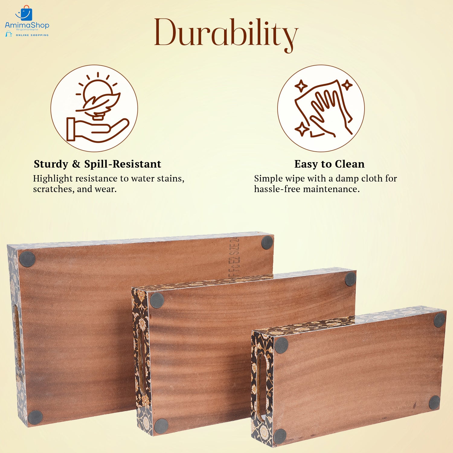 Set of 3 Wooden Serving Trays with Gold Engraving