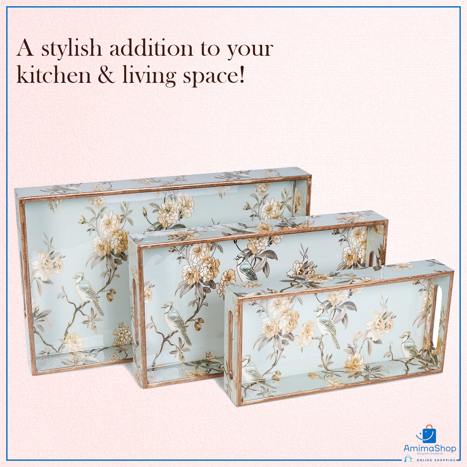 Set of 3 Wooden Serving Trays with Gold Engraving – Blue Elephant Design