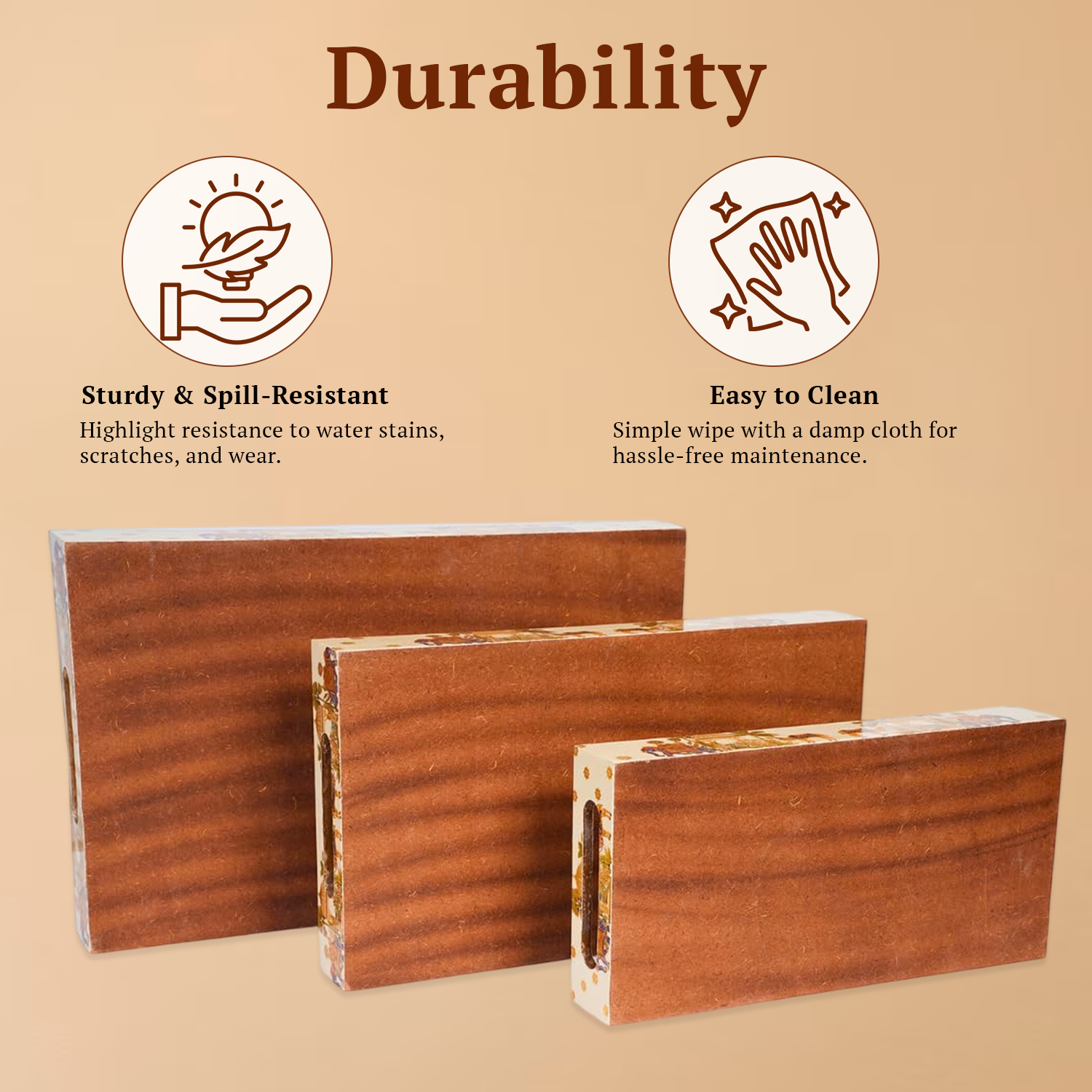 Set of 3 Wooden Elephant Serving Trays with Gold Engraving