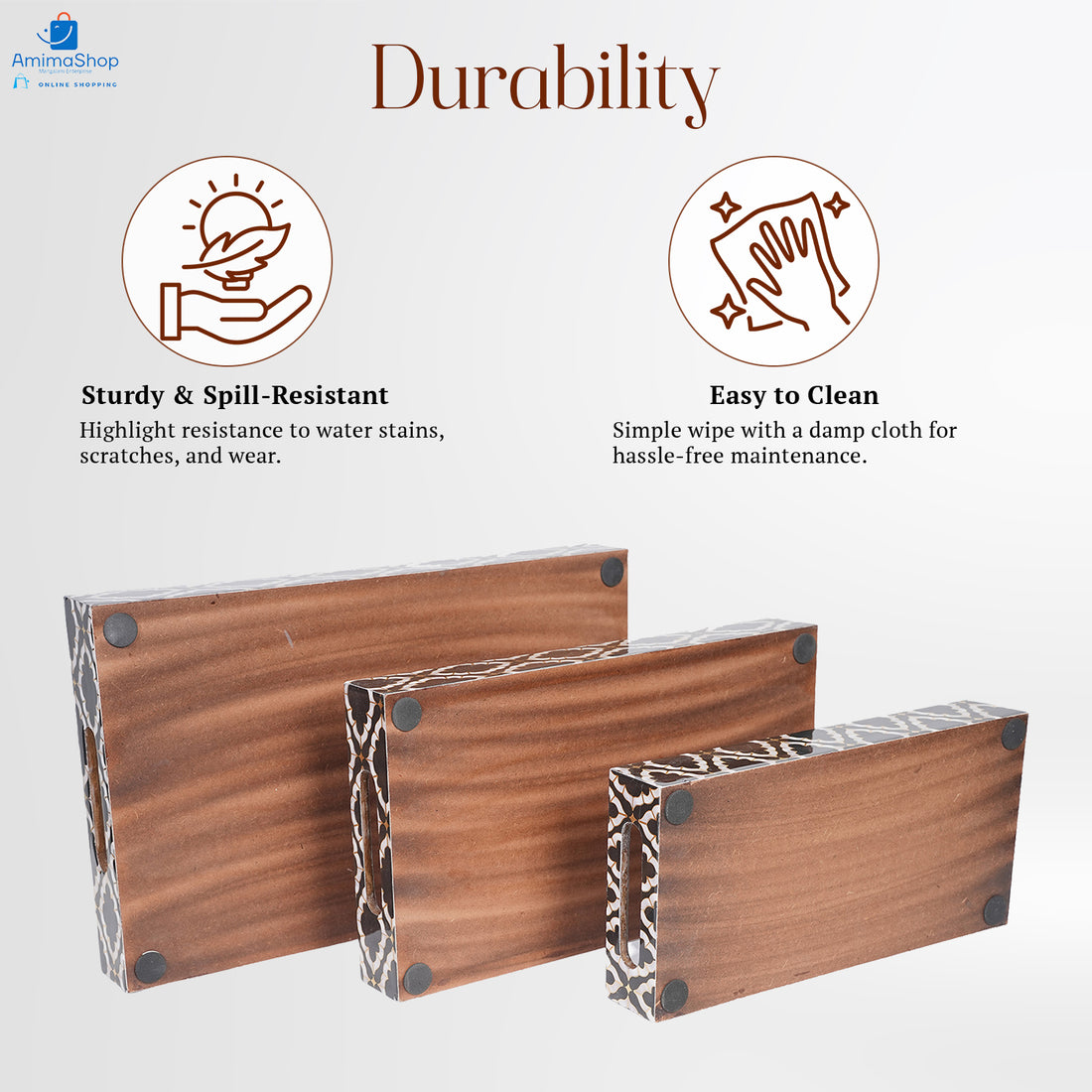 Amimashop Set of 3 Wooden Serving Trays with Gold Engraving – Elegant Home Decor & Organizer (16″, 14″, 12″) – Black & White