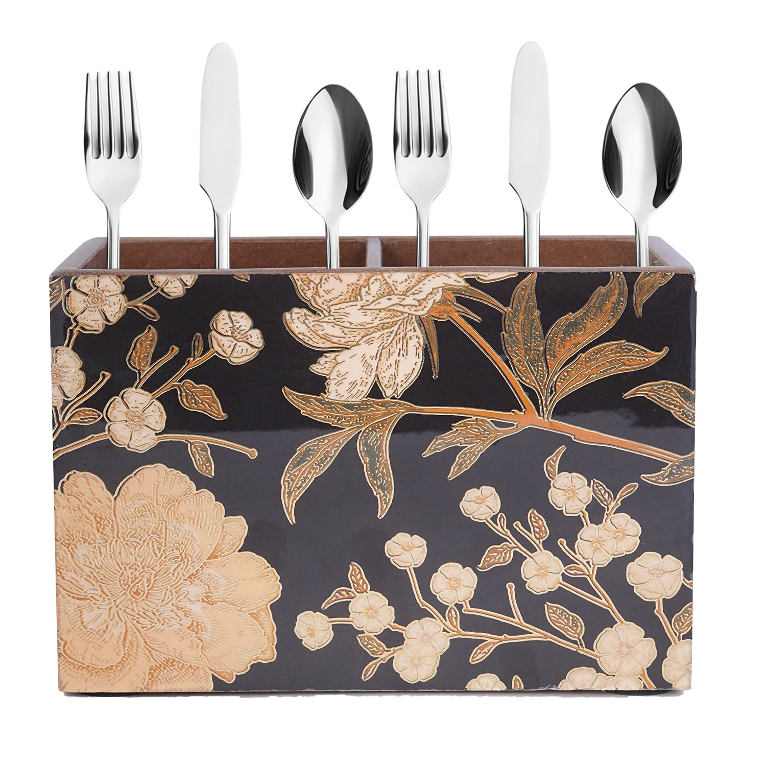 Wooden Cutlery Holder with 2 Sections – BLACK Design Spoon Stand for Kitchen & Dining Table Organizer | Multipurpose Wooden Utensil Holder, Chammach Stand & Table Decor (10x16x12 cm)