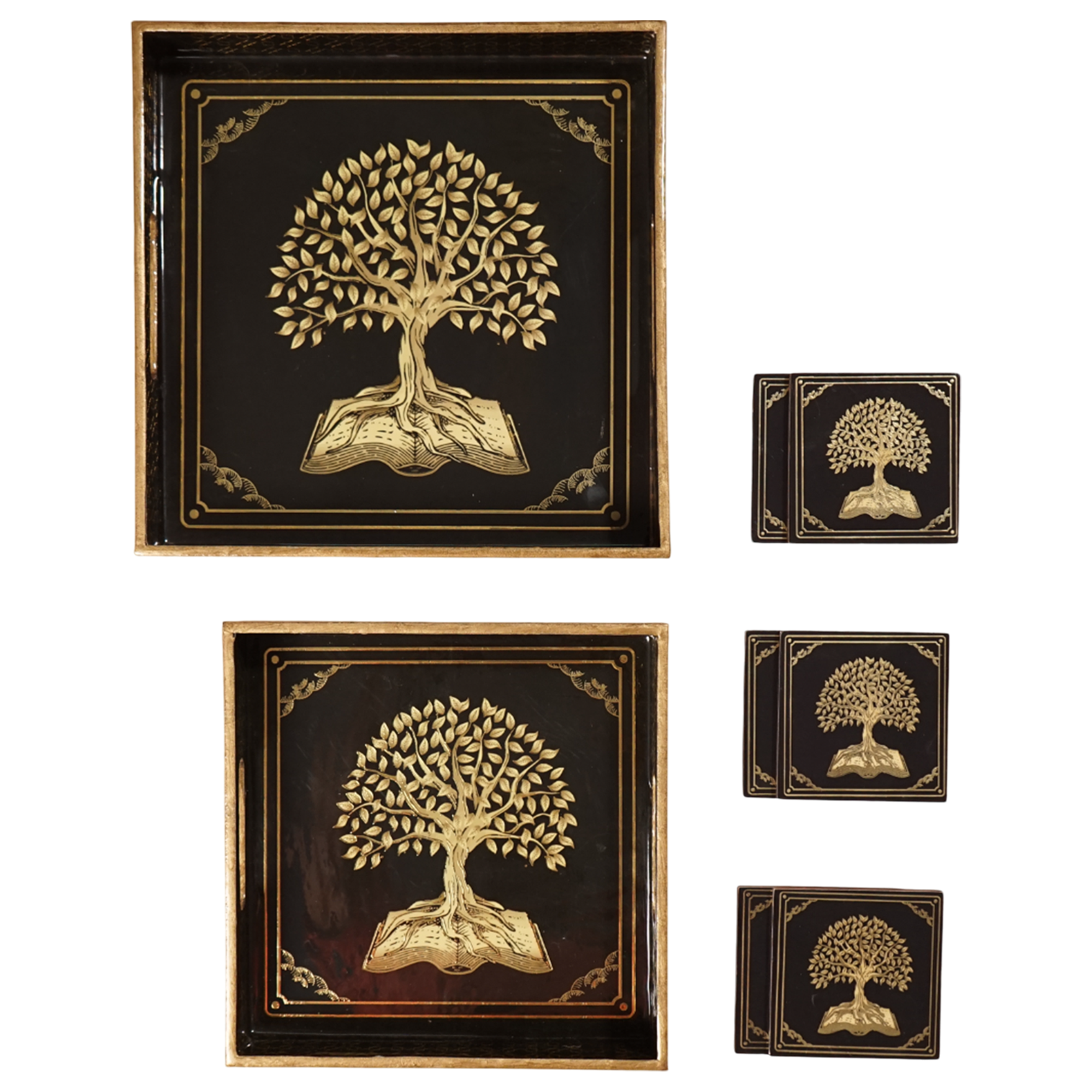 Black Set of 2 Wooden Serving Trays with Coasters 12"& 14"