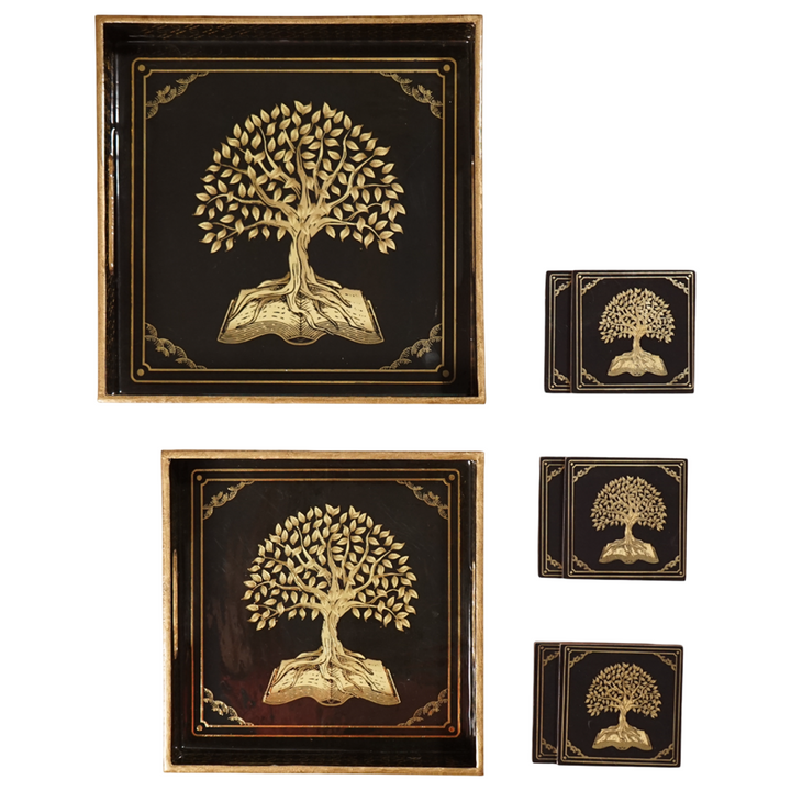 Amimashop® Black Set of 2 Wooden Serving Trays with Coasters 12"& 14"