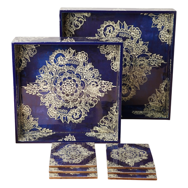 Amimashop® Magenta Set of 2 Wooden Serving Trays with Coasters 12"& 14"