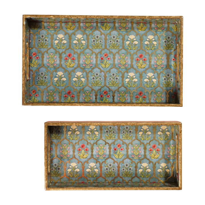 Amimashop® Green Flower Set of 2 Wooden Serving Trays 12"& 14"