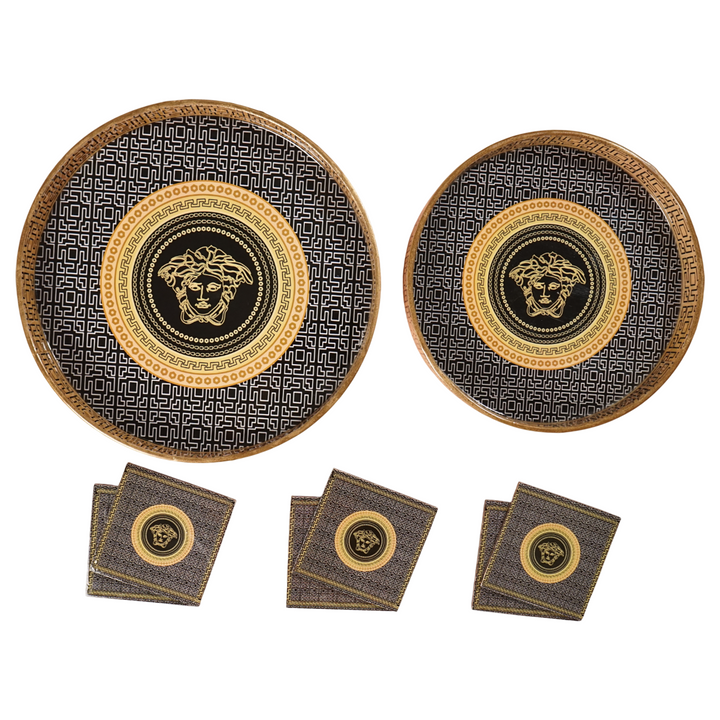 Amimashop® Orange Black Set of 2 Wooden Serving Trays with Coasters 12"& 14"