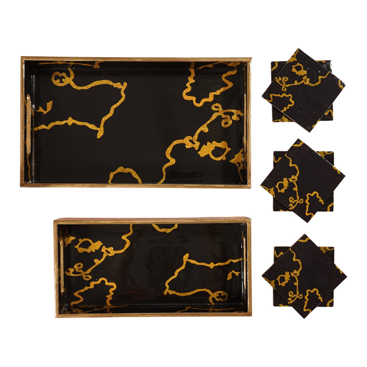 Amimashop® Mini Black Set of 2 Wooden Serving Trays with Coasters 12"& 14"