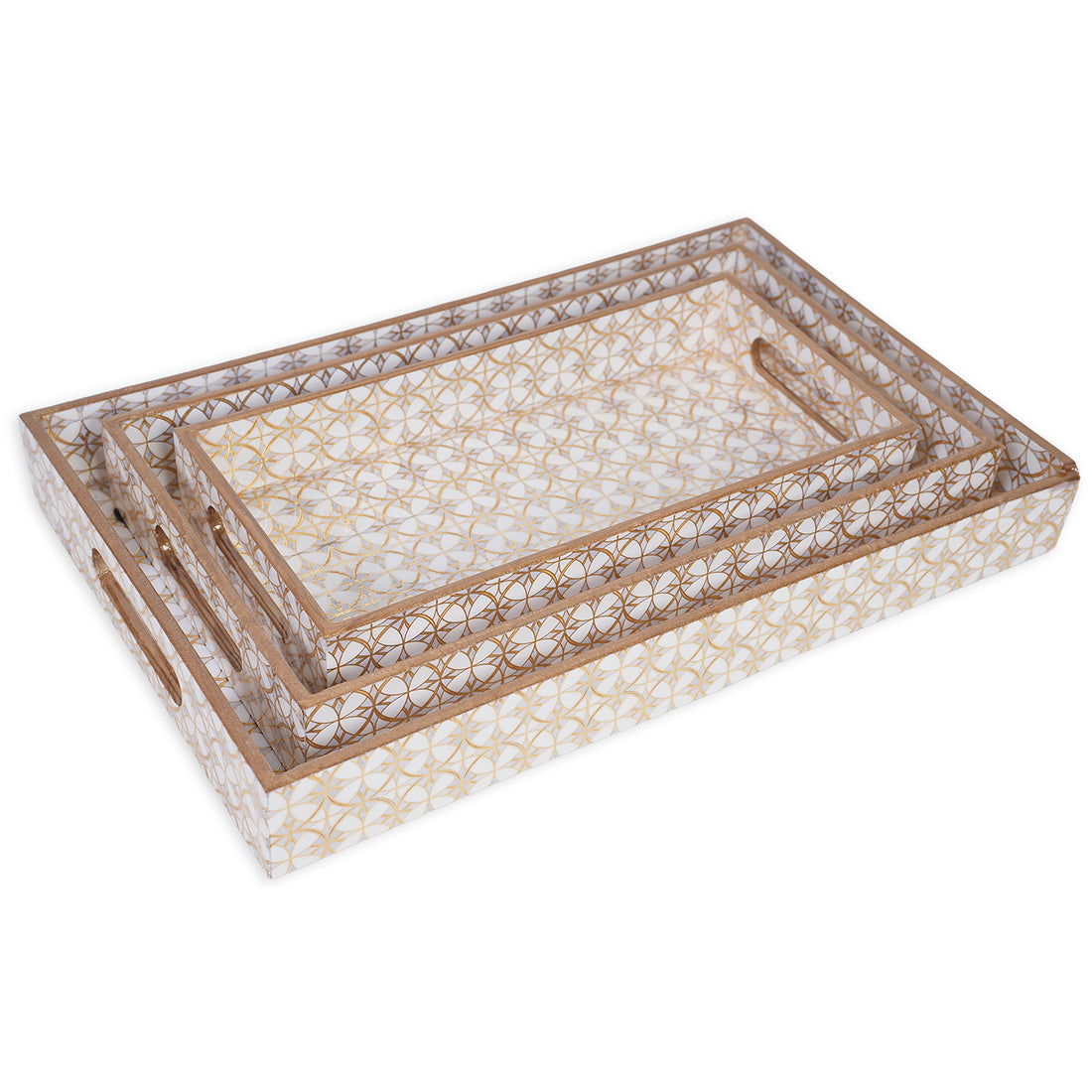 Amimashop® Gold Design Set of 3 Rectangular Wooden Serving Trays 16", 14", 12"